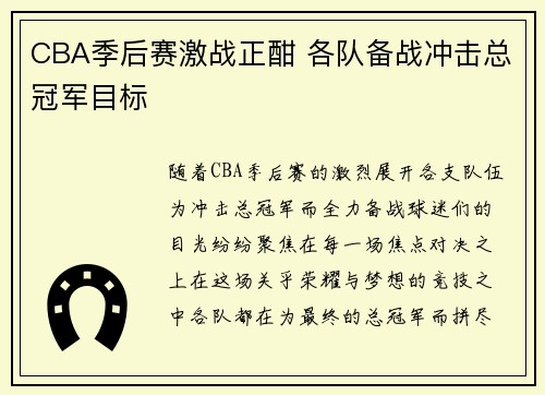 CBA季后赛激战正酣 各队备战冲击总冠军目标