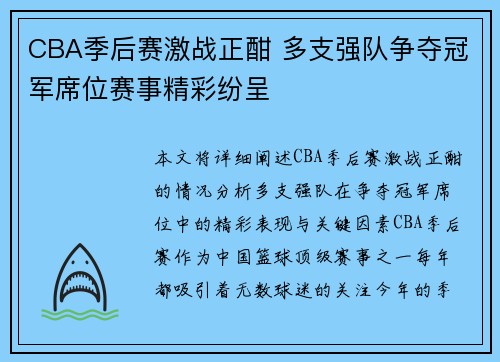 CBA季后赛激战正酣 多支强队争夺冠军席位赛事精彩纷呈